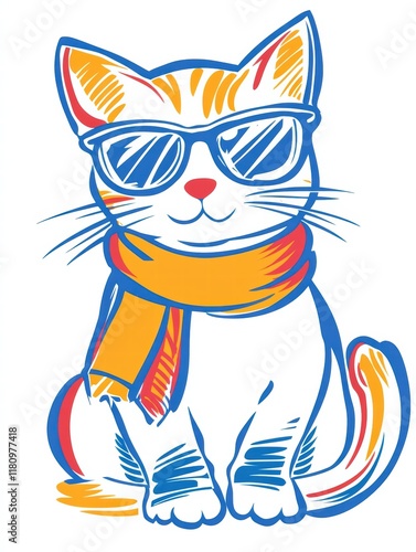 Cool Cat in Sunglasses: A playful and stylish cat dons a pair of cool sunglasses and a jaunty scarf, exuding an air of effortless chic in this bold, colorful illustration. photo