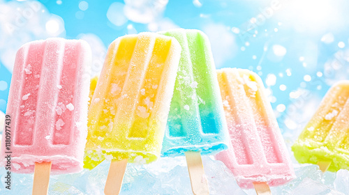 Popsicle stick, ice lolly with vibrant colors dripping on ice, blue background 