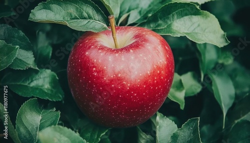 A vibrant red apple nestled among green leaves.