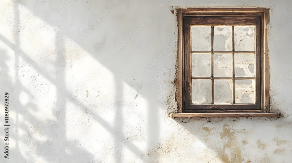 Fototapeta premium A rustic-style window with wooden frame accents, creating a vintage feel against a white wall.