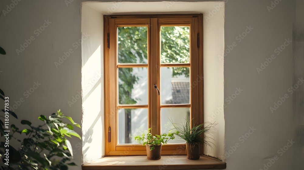 Fototapeta premium A rustic-style window with wooden frame accents, creating a vintage feel against a white wall.