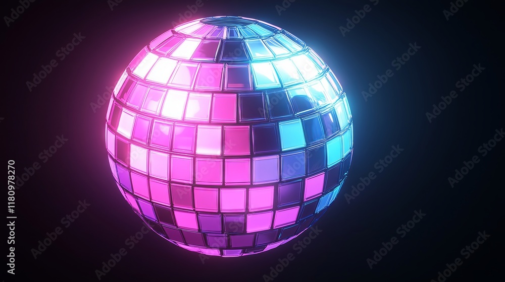 Rotating disco ball reflecting pink and blue light Rotating disco ball reflecting pink and blue light