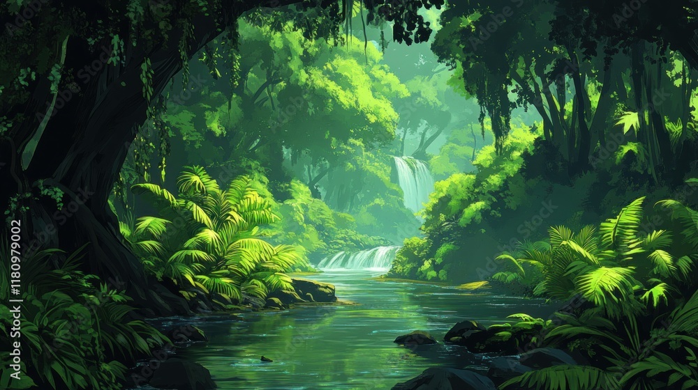 Lush jungle scene with a waterfall and tranquil river surrounded by vibrant greenery. Lush jungle scene with a waterfall and tranquil river surrounded by vibrant greenery.