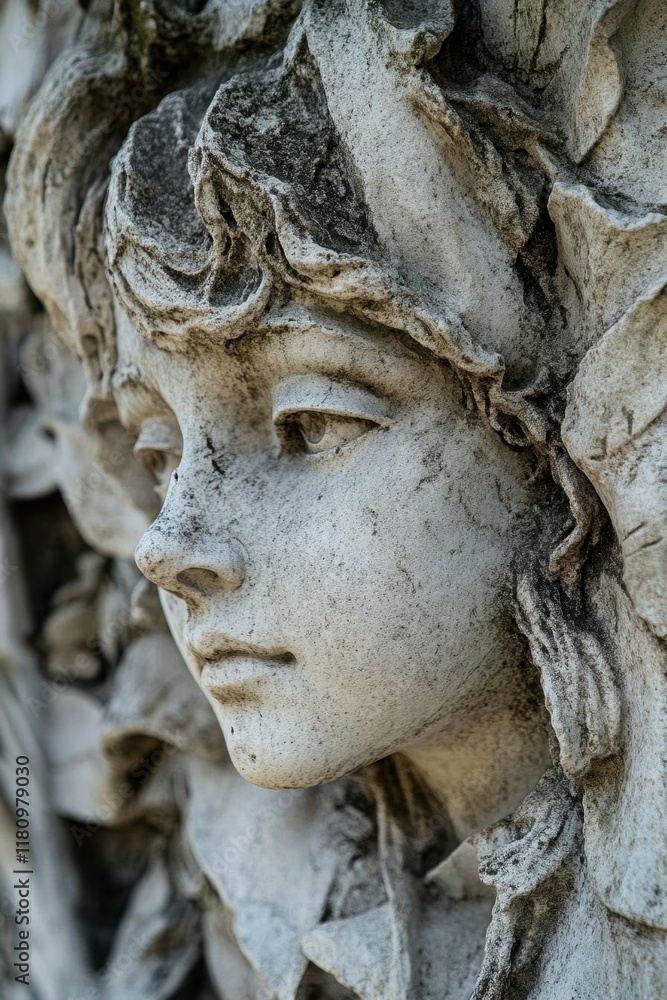 A close-up of a detailed stone sculpture depicting a serene face. A close-up of a detailed stone sculpture depicting a serene face.