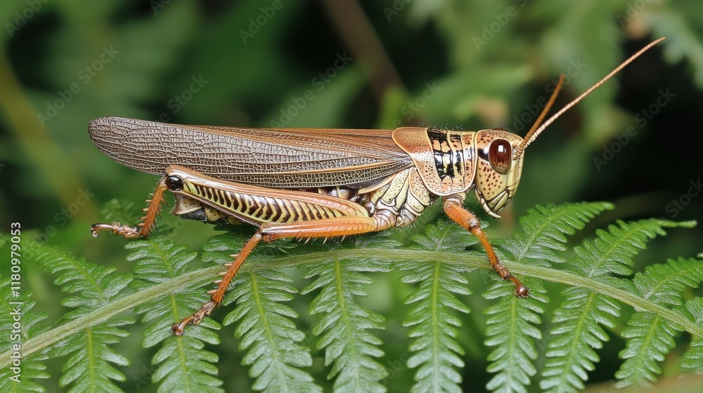 Close-up of a brown grasshopper perched on a fern frond. Close-up of a brown grasshopper perched on a fern frond.