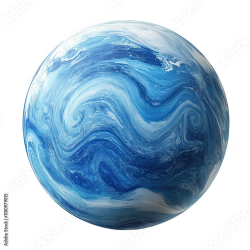 a stylized representation of a blue planet. characterized by swirling patterns that evoke the appearance of water and clouds. suggesting a celestial or oceanic theme the design is vibrant and abstract photo