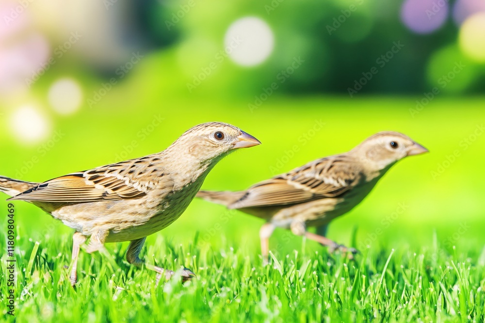 Two Small Birds Walking on Fresh Green Grass in a Vibrant Outdoor Setting Two Small Birds Walking on Fresh Green Grass in a Vibrant Outdoor Setting