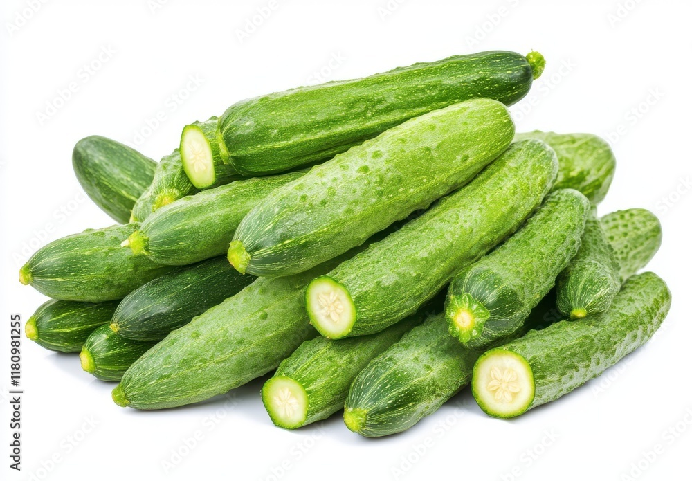 Fresh and Crisp Cucumbers Stacked Neatly on White Background, Perfect for Culinary Uses, Healthy Eating, and Nutritional Illustrations Fresh and Crisp Cucumbers Stacked Neatly on White Background, Perfect for Culinary Uses, Healthy Eating, and Nutritional Illustrations