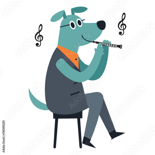 A dog is sitting on a chair and playing the flute