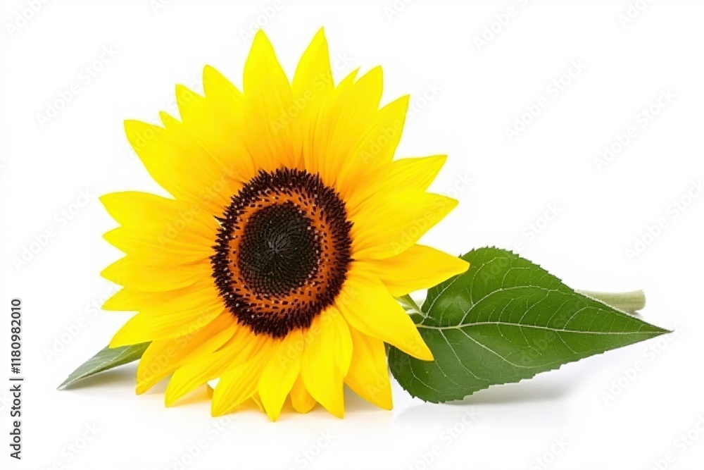 Obraz premium Bright Yellow Sunflower with Green Leaf on White Background for Floral Designs