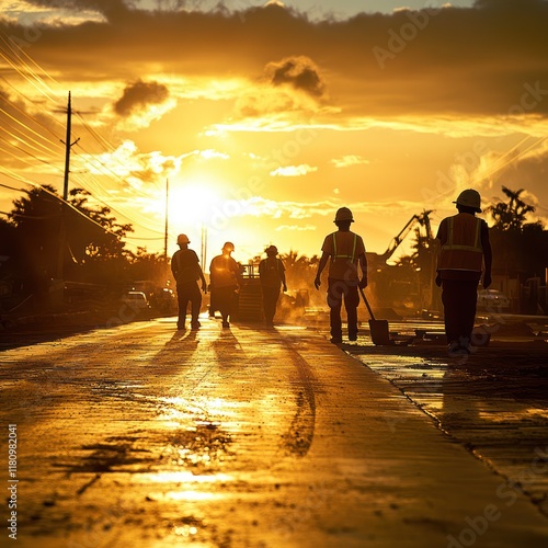 Workers walking sunset road construction site photo