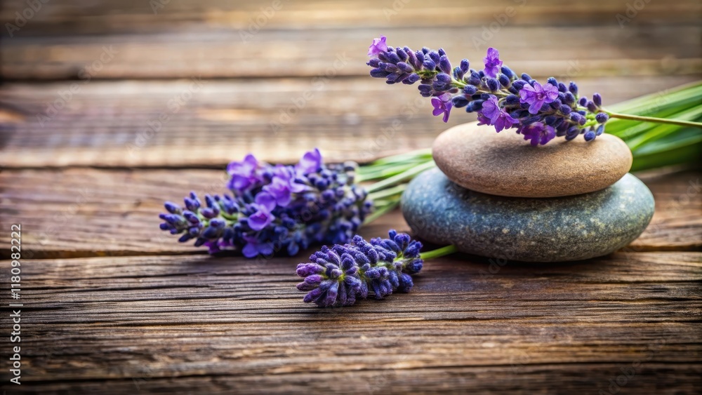 Soothing stone decoration with lavender flowers on wooden table, peaceful ambiance, relaxing spa setting , nature, soothing Soothing stone decoration with lavender flowers on wooden table, peaceful ambiance, relaxing spa setting , nature, soothing