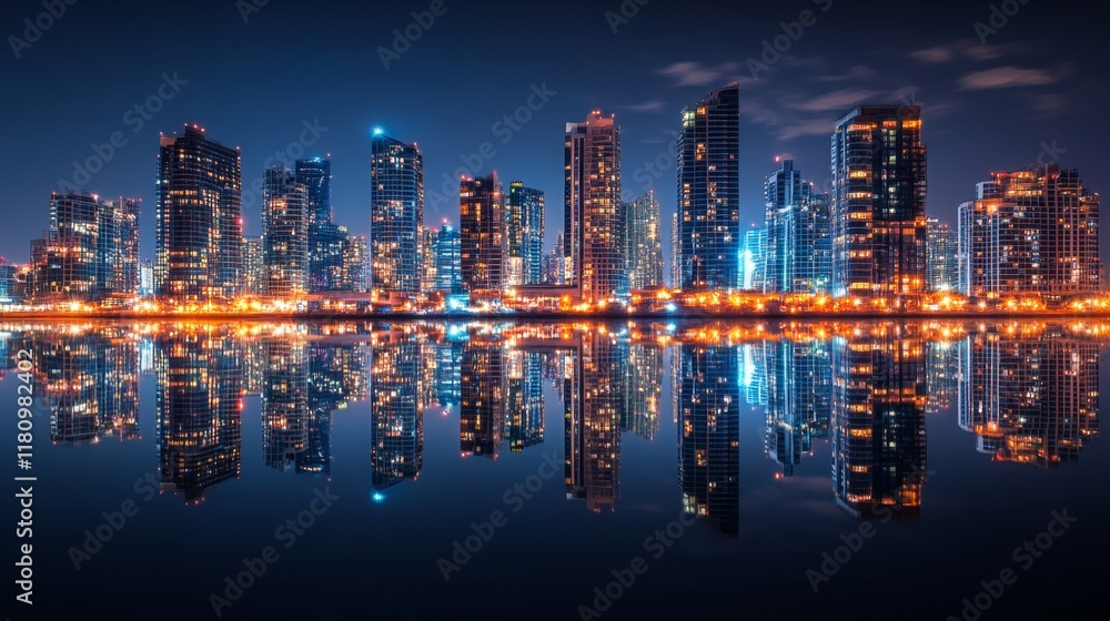 Fototapeta premium Night City Skyline Reflection - Stunning Urban Panorama