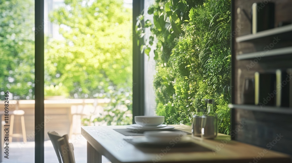 Fototapeta premium Cozy Indoor Dining Space with Greenery and Natural Light in Modern Design