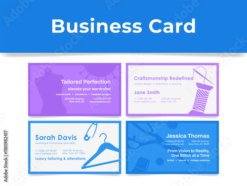 Tailoring service business cards showcasing custom designs and unique offerings in a vibrant layout