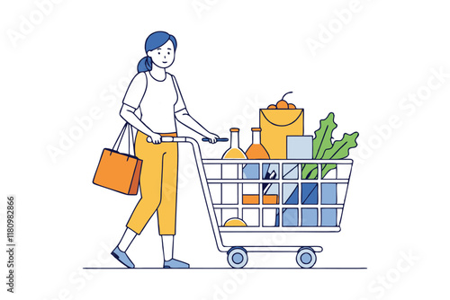 Line art of a woman with a shopping cart full of groceries.eps