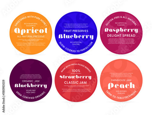 Natural jam label collection showcasing various flavors and all-natural ingredients for preserves