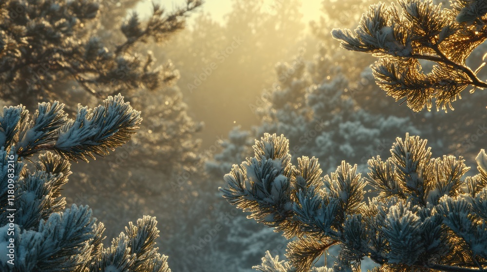 Frosty pine branches sunrise forest winter nature Frosty pine branches sunrise forest winter nature