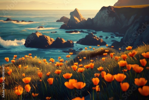 Stunning craggy coastline adorned with vibrant California Poppies.