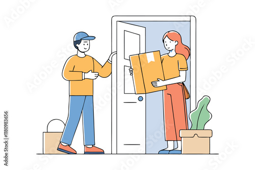 Minimalist illustration of a woman receiving a delivery package at her door.eps