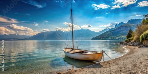 Abandoned sailboat on a deserted shore of Garda Lake , lake view, boat on shore,  lake view photo