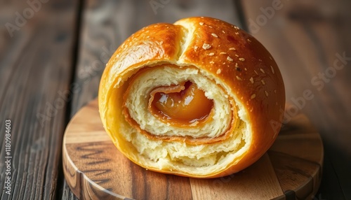 Golden Custard Filled Sweet Bun On Wooden Board photo