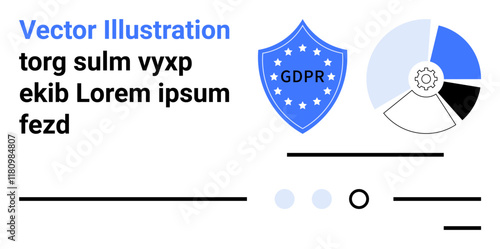 Shield icon with GDPR text, segmented pie chart, circular buttons, and placeholder text. Ideal for data security, business compliance, GDPR regulations, analytics, business insights, digital