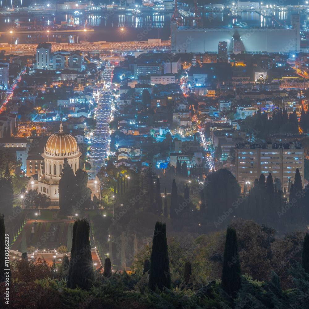 Downtown Haifa with holiday lights