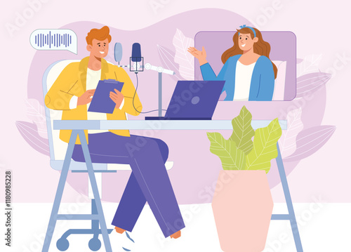 Podcast illustration with hosts in a studio setting, featuring dynamic interaction and modern recording tools.