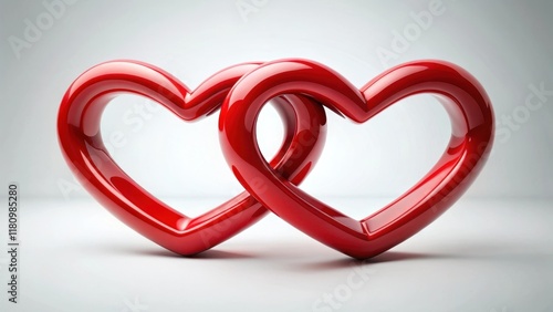 Two red hearts are intertwined as if they are two pieces of a puzzle coming together photo