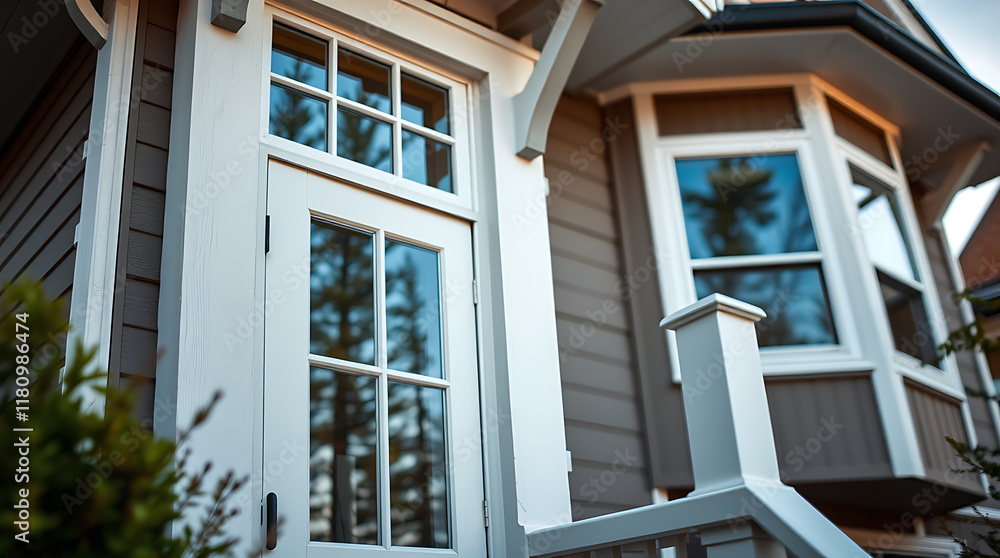 Close-up view of a house's exterior, showcasing a white-framed door and windows on gray siding. The windows reflect trees. A portion of a bay window is visible. Close-up view of a house's exterior, showcasing a white-framed door and windows on gray siding. The windows reflect trees. A portion of a bay window is visible.