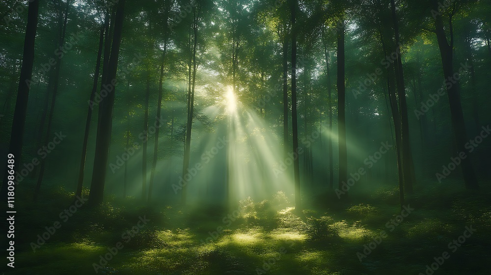 Obraz premium Sunbeams piercing through misty forest.