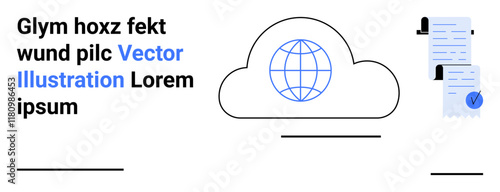 Central cloud with a globe icon, documents on the side, and text elements in a modern design. Ideal for technology, cloud storage, online documents, data management, web services, digital contracts