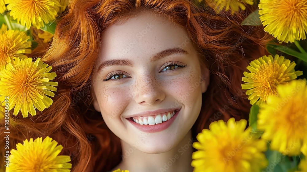 A joyful portrait of a redhead woman smiling, with her face framed by bright yellow dandelions A joyful portrait of a redhead woman smiling, with her face framed by bright yellow dandelions