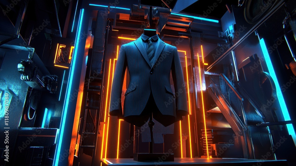 A stylish suit displayed in a futuristic, illuminated setting emphasizing fashion and design. A stylish suit displayed in a futuristic, illuminated setting emphasizing fashion and design.