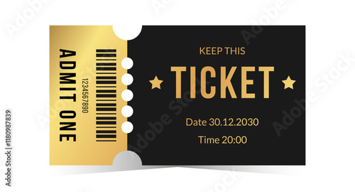 Golden ticket template design. Cinema, theater, casino, concert, film, party, festival gold ticket. Metal gradient coupon, admit one, barcode. Vector illustration on white background