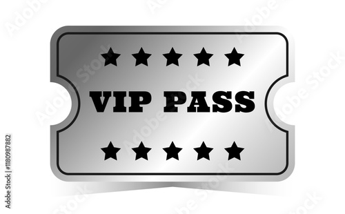 Silver vip pass template. Cinema, theater, casino, concert, opera, ballet, performance chrome design. Metal gradient ticket. Vector illustration on white background