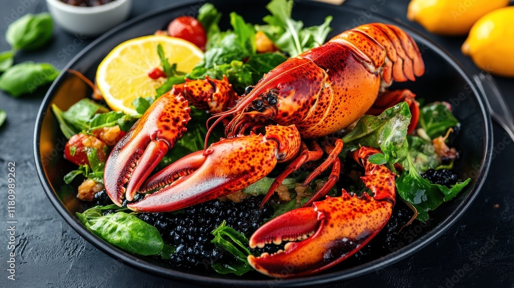 Delicious lobster salad with black quinoa, lemon, and arugula. Delicious lobster salad with black quinoa, lemon, and arugula.