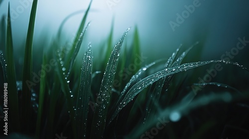 Close up of green grass with water droplets 