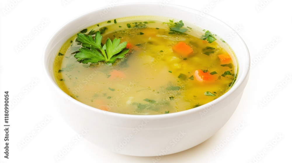 Fresh Homemade Vegetable Soup in White Bowl with Green Garnish on White Background Fresh Homemade Vegetable Soup in White Bowl with Green Garnish on White Background