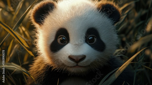Adorable Panda Cub in Lush Grassland