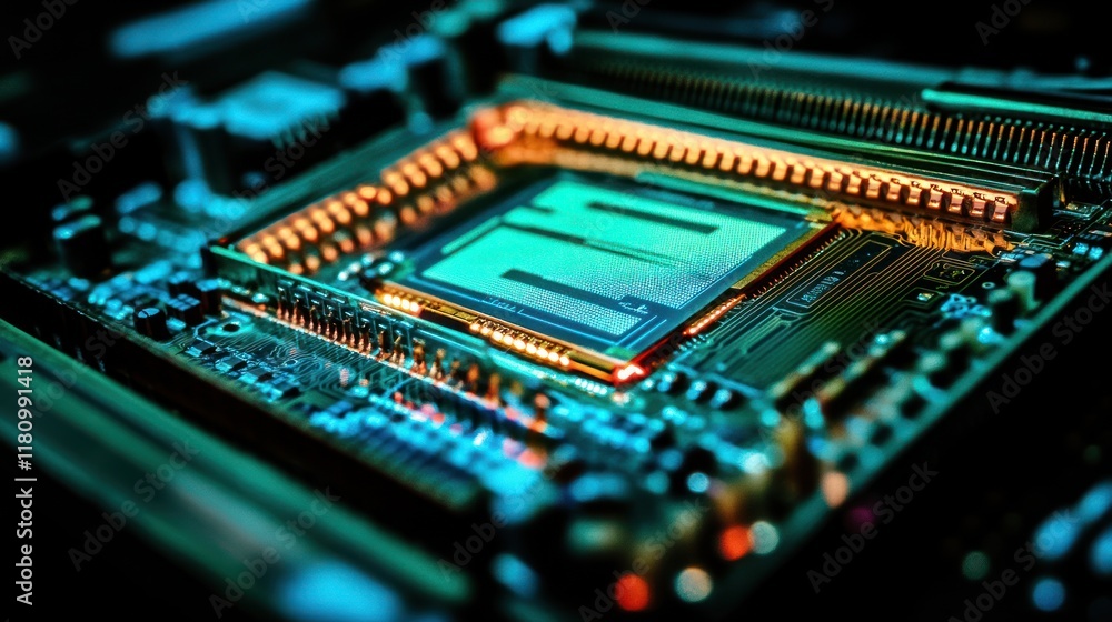 CPU installed on motherboard, glowing, dark background, tech CPU installed on motherboard, glowing, dark background, tech