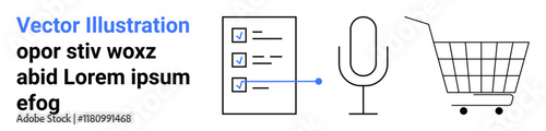 Task checklist with three items, a microphone, and a shopping cart. Ideal for productivity apps, podcasting, e-commerce, online shopping, digital marketing, voice commands, and multimedia content