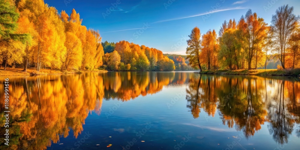 Obraz premium A serene lake surrounded by tall trees with golden autumn leaves, reflecting the warm sunlight on its surface, tranquility