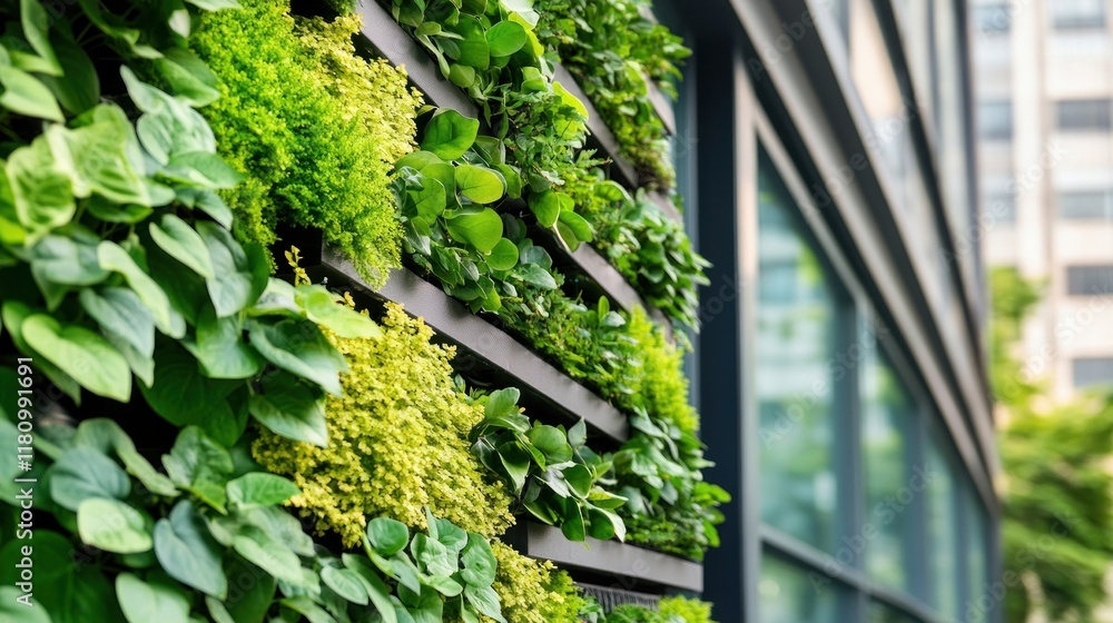 Lush Green Vertical Garden with Urban Architecture Background Lush Green Vertical Garden with Urban Architecture Background