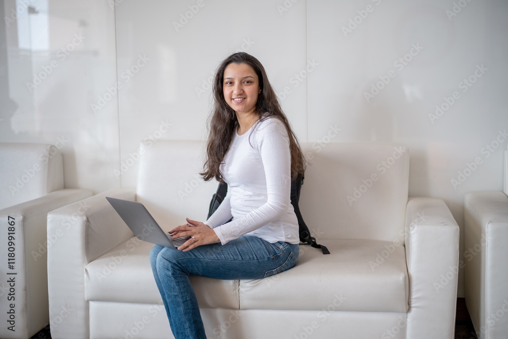 Woman using laptop computer, working at home. Casual business, freelance work, distance studying, internet marketing, meeting online concept Woman using laptop computer, working at home. Casual business, freelance work, distance studying, internet marketing, meeting online concept