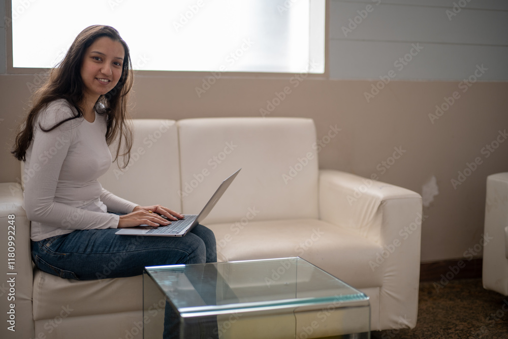 Woman using laptop computer, working at home. Casual business, freelance work, distance studying, internet marketing, meeting online concept Woman using laptop computer, working at home. Casual business, freelance work, distance studying, internet marketing, meeting online concept