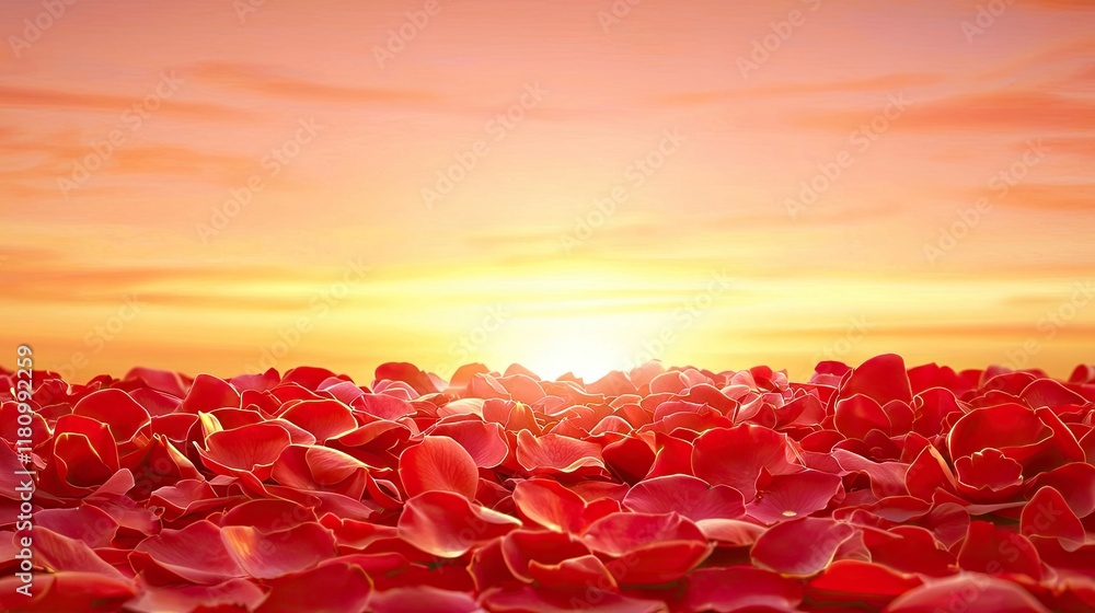 Obraz premium Vibrant Sunset Over a Field of Red Rose Petals with Soft Clouds and Warm Glow