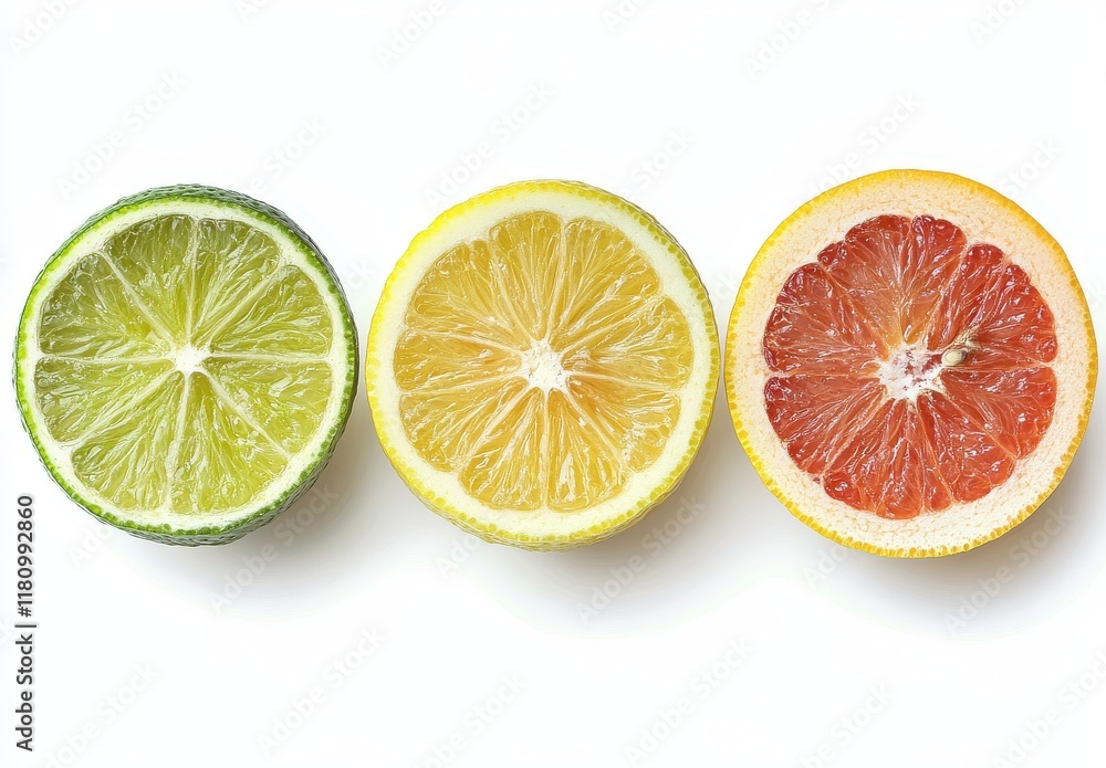 Fresh Citrus Slices Displaying Vibrant Colors and Textures, Featuring Lime, Lemon, and Grapefruit on a Bright White Background for Culinary or Health Related Themes Fresh Citrus Slices Displaying Vibrant Colors and Textures, Featuring Lime, Lemon, and Grapefruit on a Bright White Background for Culinary or Health Related Themes