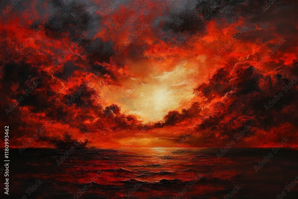 Fototapeta premium Fiery sunset over a dramatic ocean, painted in rich reds and oranges.